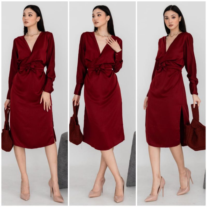 ⚡️CLEARANCE SALE ♡ PREMIUM ♡ REAL PIC ! SYELLAR TUNIK V-NECK MULTIWAYS OBI TIED LONG SLEEVE SLIT MIDI DRESS