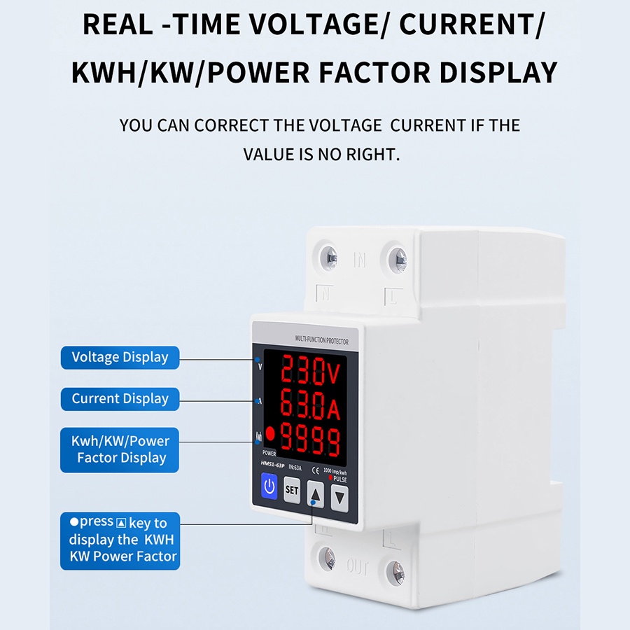 Din Rail Adjustable 3IN1 Over Under Voltage Current Protection 2P 63A 230V