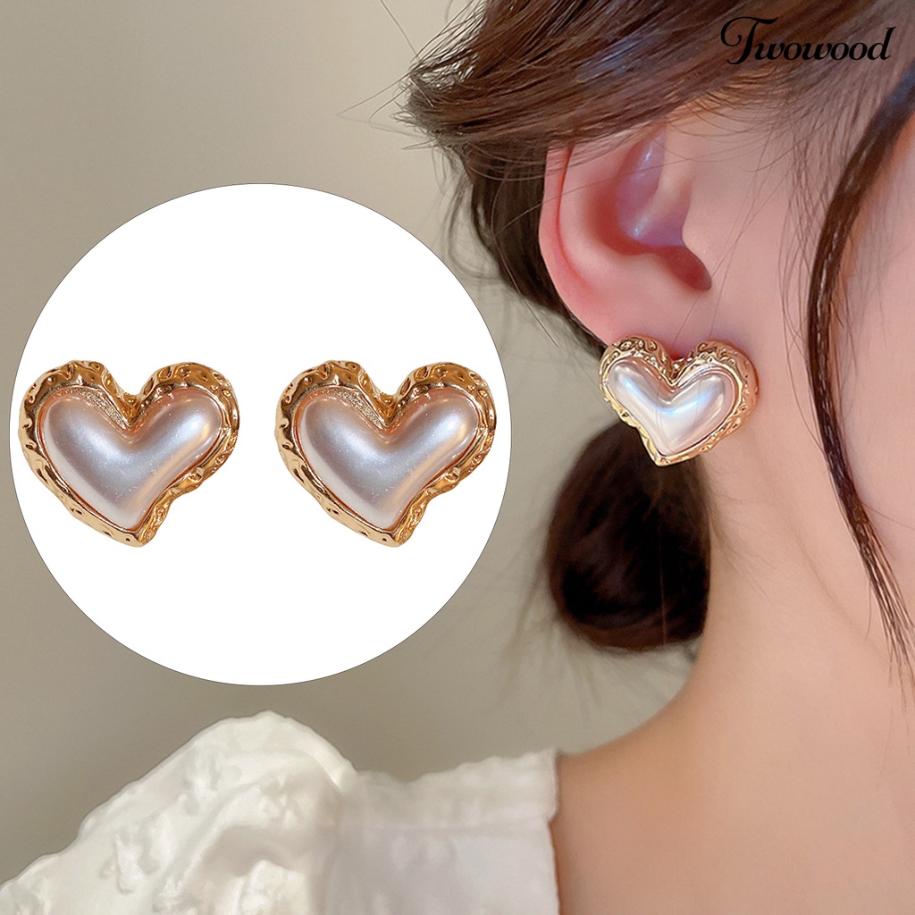 Twowood Women Ear Studs Gradient Heart-Berbentuk Cahaya Mewah Perak Wanita Kepribadian Fashion Faux Pearl Stud Earrings Pakaian Sehari-Hari