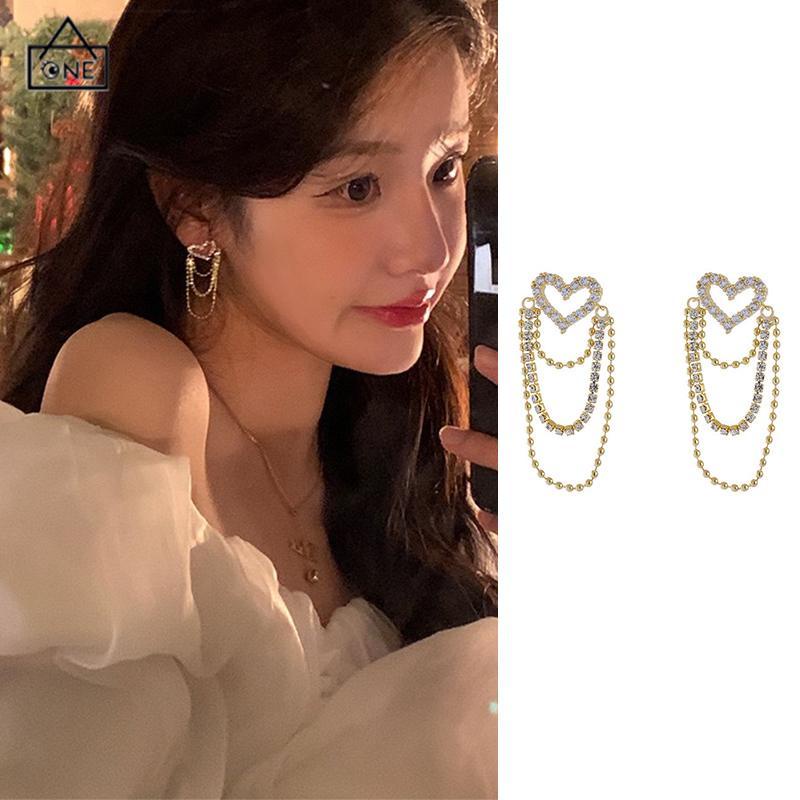 COD❤️Anting rumbai Korea Rhinestone Berbentuk Hati Earrings Anting Tindik Perhiasan Wanita Fashion Murah Hadiah Perhiasan-A.one