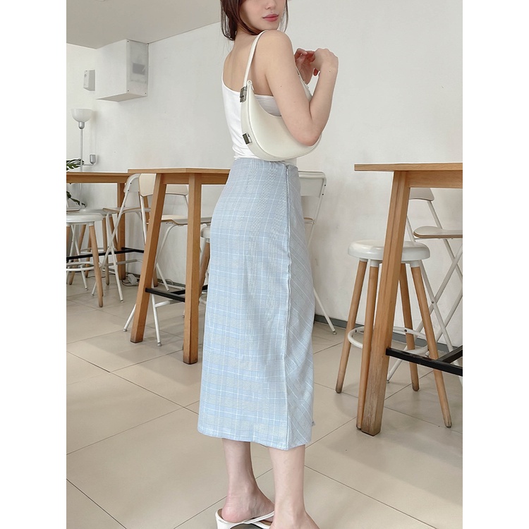 Kadaka B-0183 Midi Plaid Skirt Rok Wanita Korean Look Detail Slit