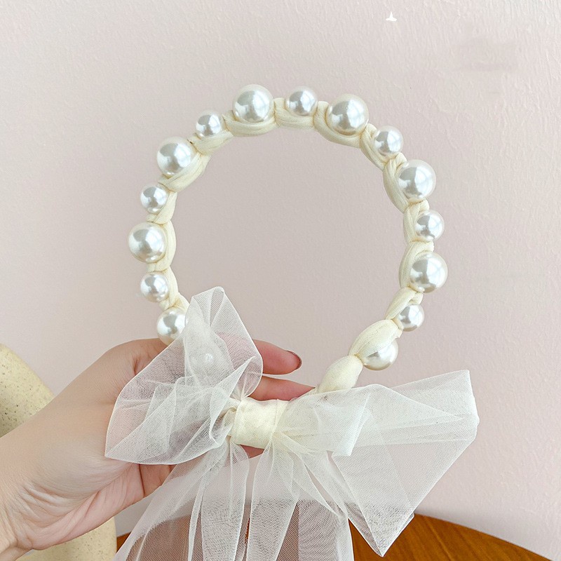 Bando Mutiara Anak  Bandana Mutiara Pita Tulle Panjang Bisa diikat Gaya Korea