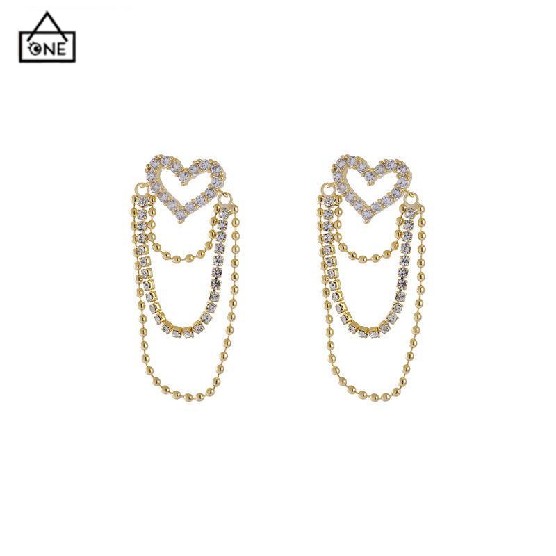 COD❤️Anting rumbai Korea Rhinestone Berbentuk Hati Earrings Anting Tindik Perhiasan Wanita Fashion Murah Hadiah Perhiasan-A.one