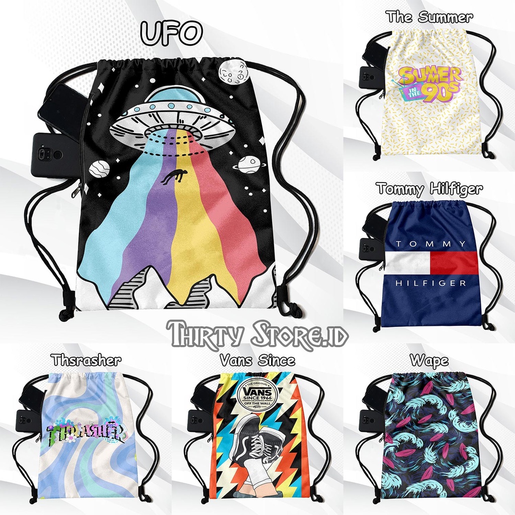 Tas Serut Full Print Stringbag Gendong Waterprouf Multifungsi Kanvas Tebal 2 Ruangan