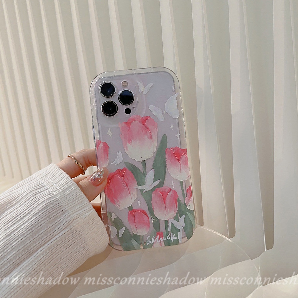 IPHONE Fashion Ins Korea Lukisan Minyak Tulip Case Kompatibel Untuk Iphone11 13 12 14 Pro Max 7Plus 8Plus XR 6 6s 8 7 Plus X XS Max SE 2020 Fresh Spring Flowers Shockproof Airbag Soft Cover