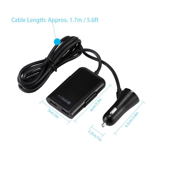 FASTCHARGING Charger Mobil 4 Slot USB 1.8 meter Quick Charge 3.0