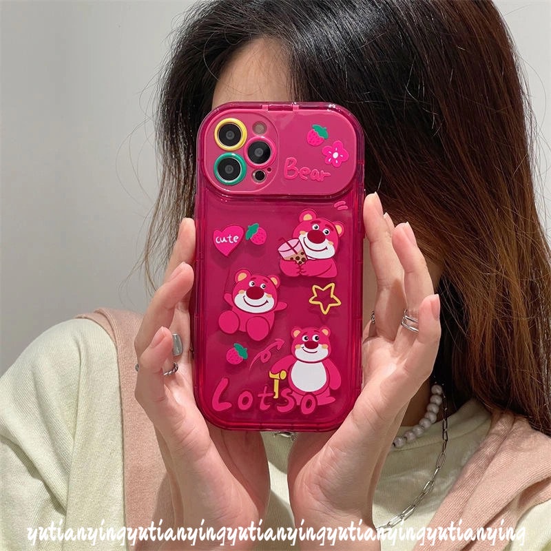 IPHONE Rose Red Cute Kartun Strawberry Bear Manyo Case Kompatibel Untuk Iphone11 13 12 14 Pro Max7 8 14 Plus XR XS MAX X SE Kreatif Flip Make Up Cermin Telepon Soft TPU Silicon Case