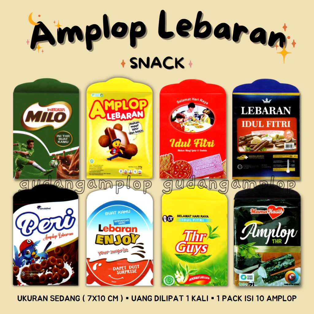 

AMPLOP ANGPAO LEBARAN IDUL FITRI MOTIF JAJANAN SNACK ISI 10 PCS SIAP PAKAI