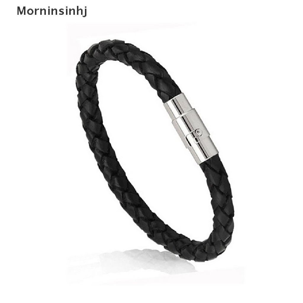 Mornin Wanita Pria Hitam Kulit Charm Gelang Stainless Steel Magnetic Clasp Bracelet id