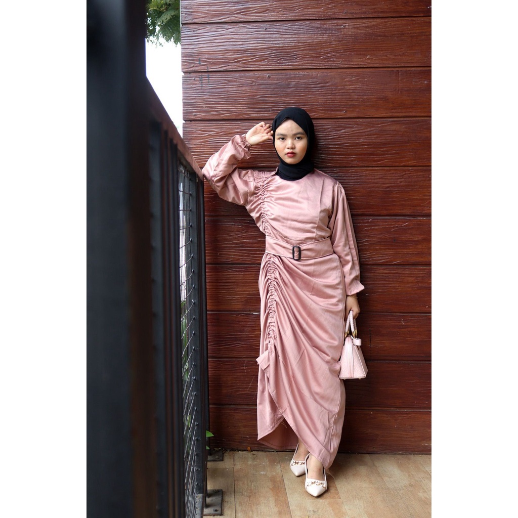 Distro - Arura Dress Satin Serut Bridesmaid Baju Pesta Kondangan Wanita Muslim Kekinian