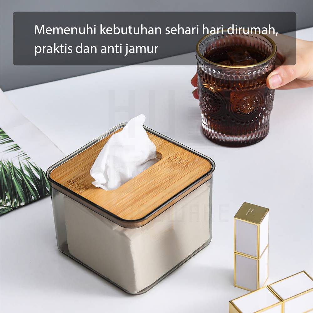 HUGO Kotak Tisu Tempat Penyimpanan Tisu Transparan Tutup Kayu Wadah Tissue Minimalis