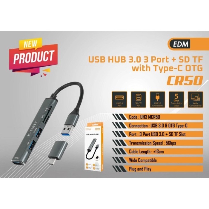 USB Hub 3.0 M-Tech CR50 3Port + SD TF With Type C OTG 5in1