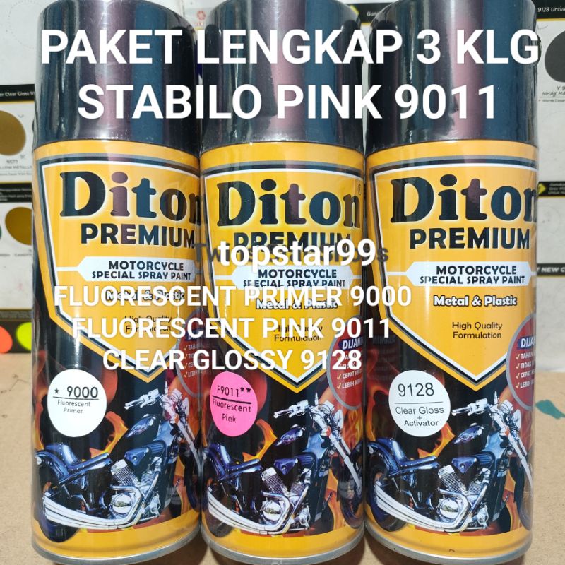 Diton Premium Paket Lengkap 3 Kaleng 400cc Ping Stabilo Fluorescent Pink 9011 Fluorescent Primer 9000 Clear Glossy 9128 Pilox Pilok Cat Semprot Spray Paint