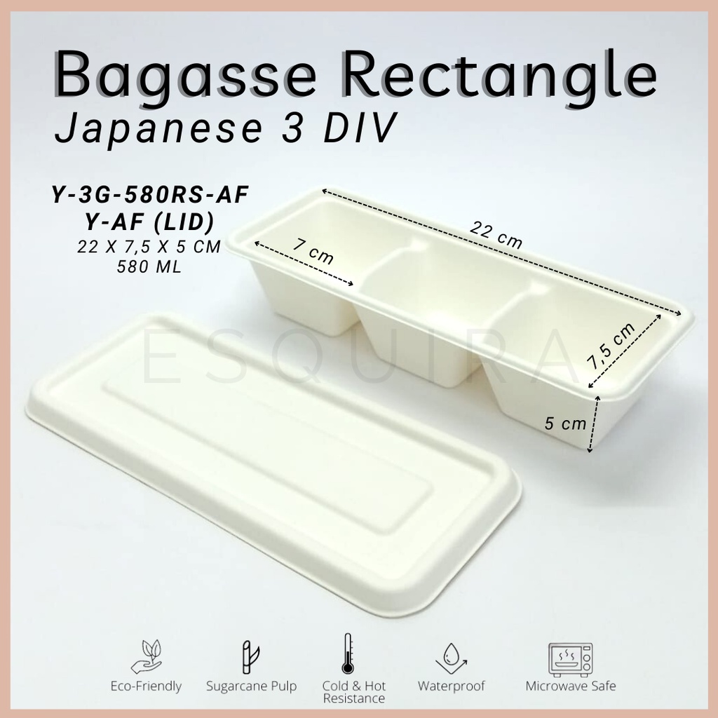 Bagasse Rectangle Japanese 3 DIV / Lunch Box /  Packaging makanan Serat Tebu / 10 Pcs / Y-3G-580RS-AF/Y-AF