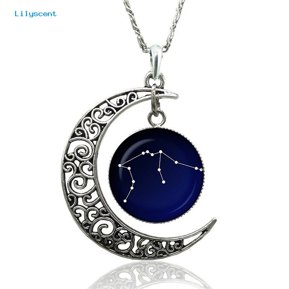 [LS] Tanda Astrologi Astrologi Hollow Bulan Kaca Cabochon Liontin Wanita Kalung