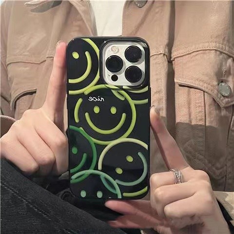 IPHONE Ins Hijau Smiley Face Cocok Untuk Iphone14 14pro 14plus 13 13mini 13pro 13prm iPhone12 7Plus 8Plus Xr XS 13 12mini Pro Max Empat Sudut Casing Ponsel Tahan Guncangan
