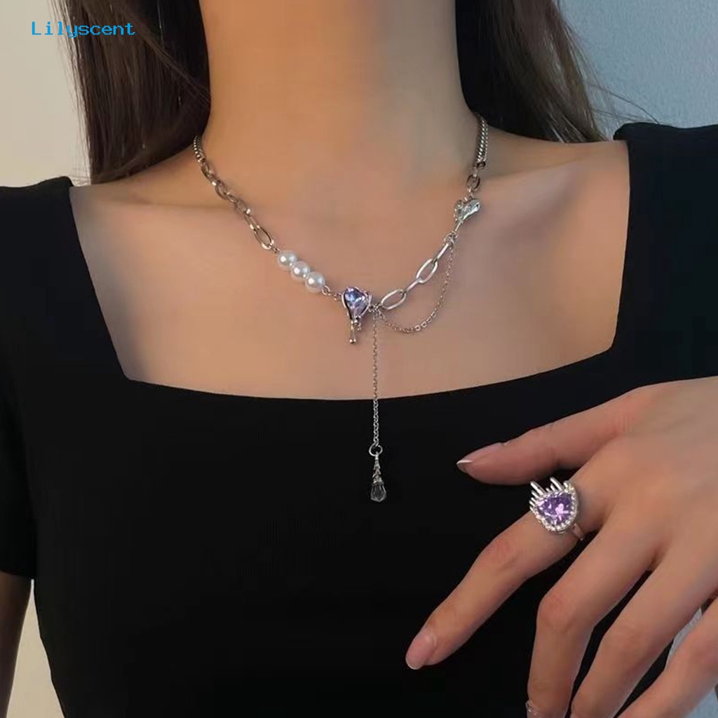 [LS] Charm Kalung Rumbai Rantai Gaya Senada Electroplating Mutiara Imitasi Kepribadian Dekorasi Leher Menawan Aksesoris Cinta Hati Kalung Liontin Kristal Imitasi Untuk Kehidupan Sehari-Hari