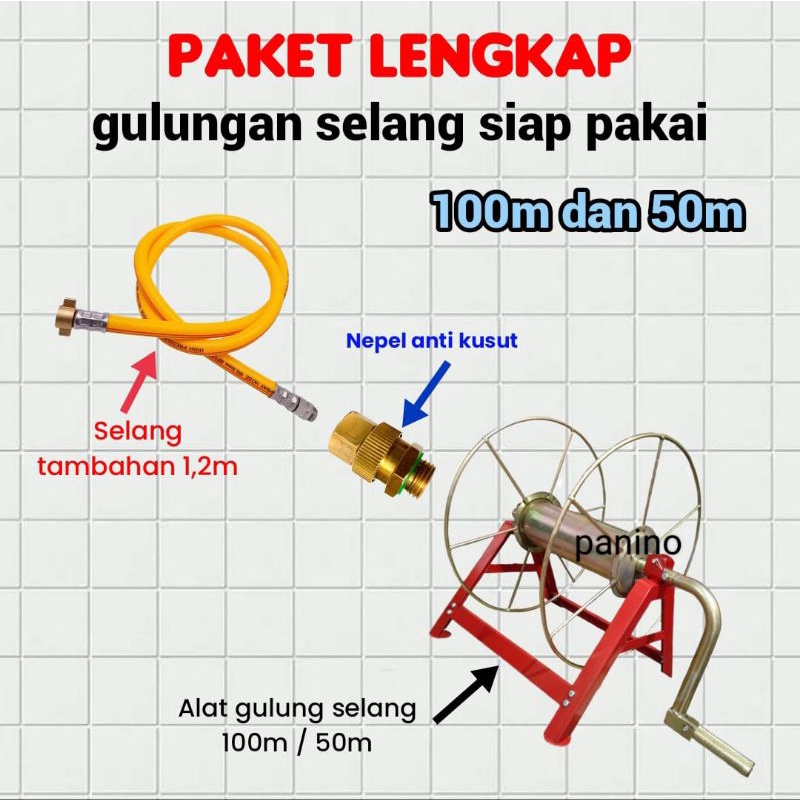 Tempat gulung selang / hose reel 100 meter besi - selang cuci stim semprot air sanchin - gulungan ro