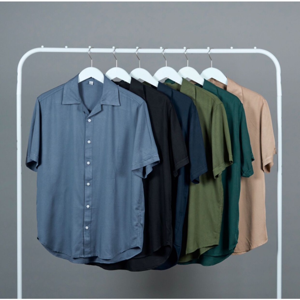 BASIC COLOUR SHIRT - Kemeja Polos Lengan Pendek Pria V-Neck Hawai Vintage Retro Grosir Murah Size XXL, XXXL