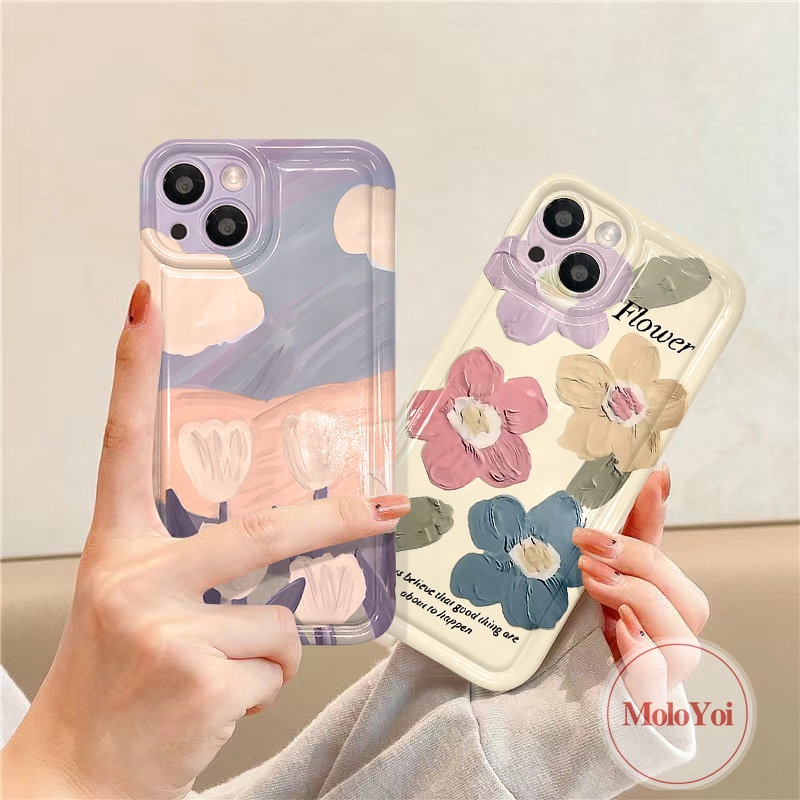 IPHONE Shockproof Airbag Fresh Art Flower Tulips Case Kompatibel Untuk Iphone14 11 13 12 Pro MAX 7Plus XR 6 6S 8P Plus X XS MAX Lukisan Cat Minyak Bunga Lembut TPU Silicon Clear Phone Back Cover