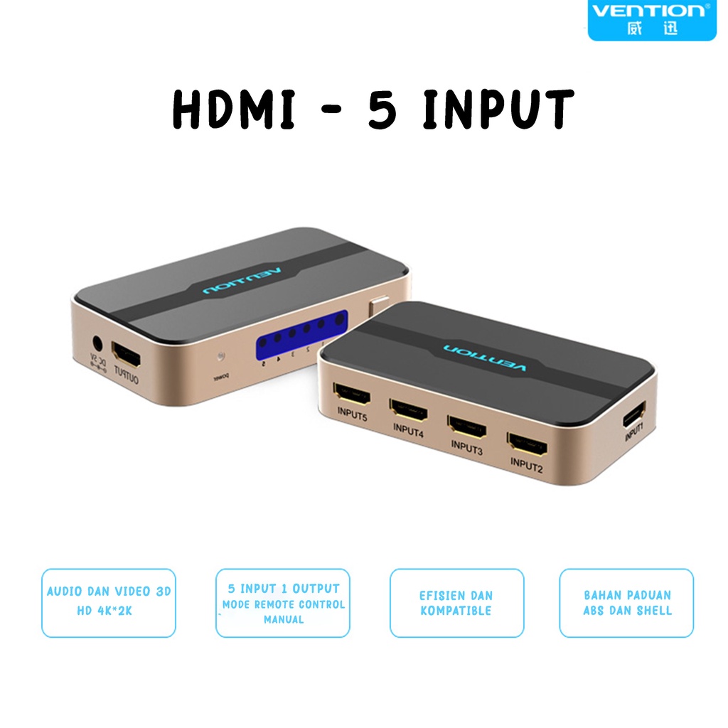 Vention HDMI Switcher Terminal Converter Splitter 4K 3D Full HD High Quality 5 in 1 + Remot