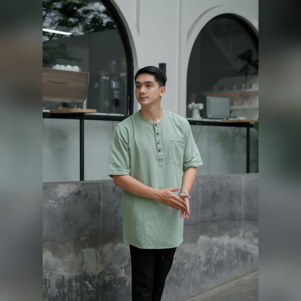 NESS baju muslim pria  lengan tiga perempat pakaian lebaran Koko Pakistan  dewasa premium terbaru 2023 ZHAFRAN SAGE GREEN