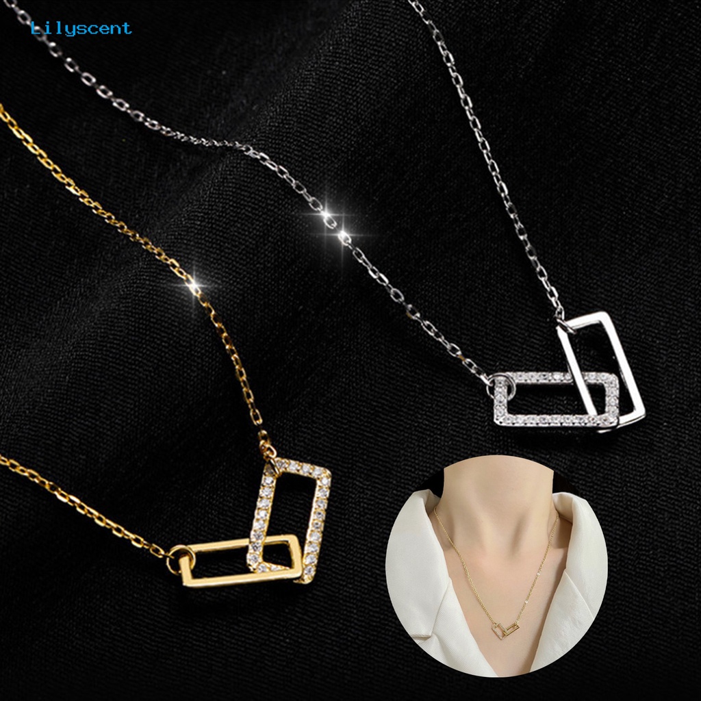 [LS] Wanita Kalung Geometris Berlian Imitasi Mengkilap Hias Adjustable Extension Rantai Hias Hadiah Double Square Interlock Liontin Klavikula Rantai Perhiasan Untuk Pacaran