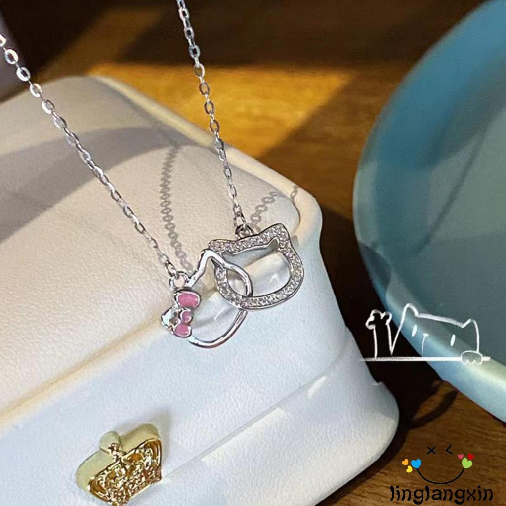 Llx-good Luck Lucu Interlocking Kitty Pendant Kalung Hadiah Keberuntungan Ulang Tahun Untuk Wanita Perempuan