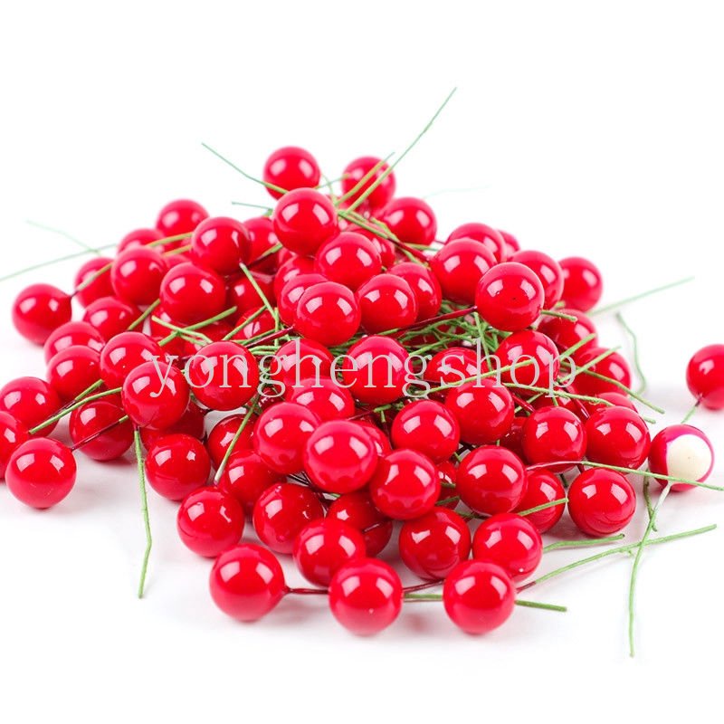 100 Pcs / lot Stamen Sari Buah Berry Merah Mutiara Buatan Ukuran 12mm Untuk Dekorasi Natal