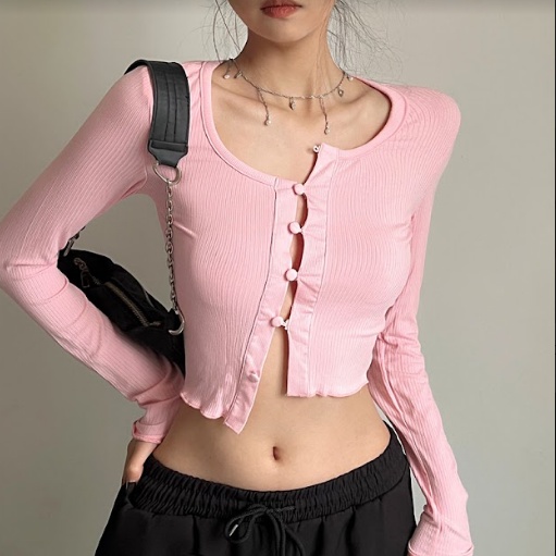 【AMY J】Round Neck  Long Sleeve Crop Top  7515