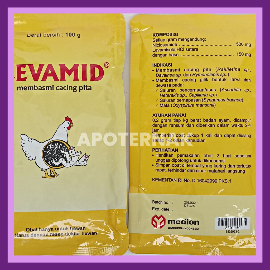 LEVAMID 100 gr | Obat Pembasmi Cacing Pita Gilik Ayam Burung Unggas Hewan