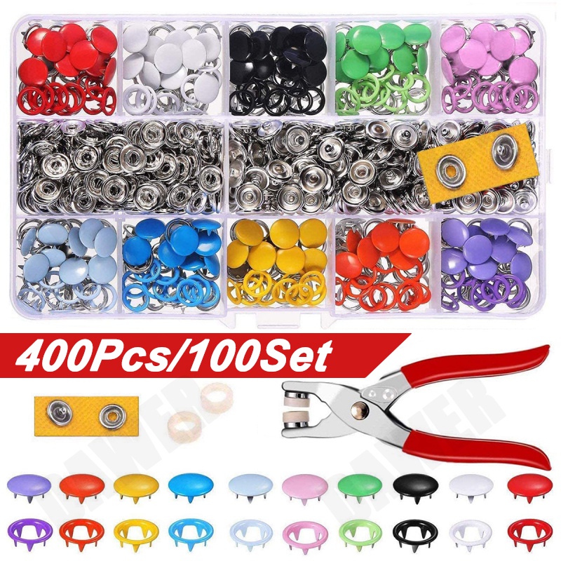 Snap Button Plier Tool 100 Set Hollow / Solid Prong Press Studs Snap Fasteners for Installing Clothes Bag Metal Sewing Buttons