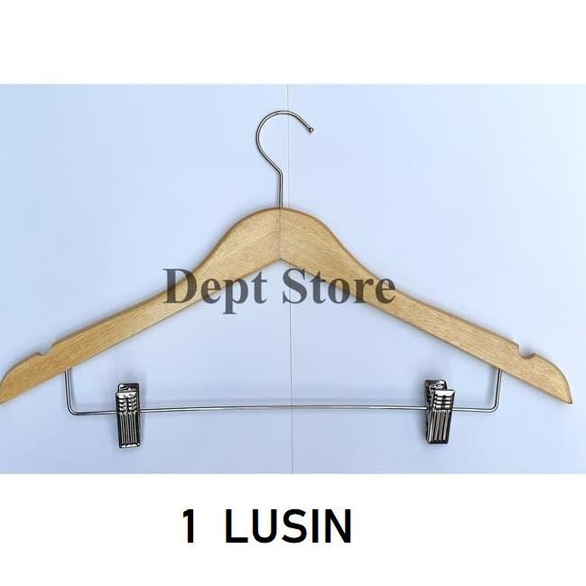 ☑ Hanger Kayu Jepit Besi (1 Lusin) Gantungan Baju Model Palang Jepit Besi Setelan ✿