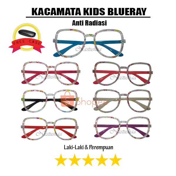 Kacamata Anak cewe Anti Radiasi Bingkai Segi 5 Cat Eye Motif Bunga Terkini Lucu Cute Kacamata Komputer Anak Lensa Blueray Fashion Korea Kids FREECASE