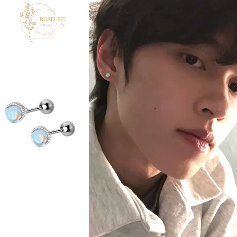 Roselife 2pcs Unisex Glossy Fancy Bulat Biru Moonstone Double-head Screw Earrings Untuk Wanita Pria Kecil Stud Earring Perhiasan