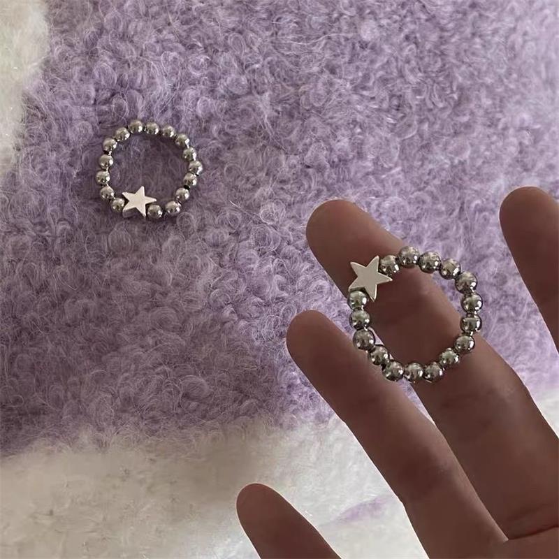 Cincin Jari Bintang Logam Elastis Warna Perak Aksesoris Perhiasan Star Rings Adjustable Vintage Unisex Indah Hadiah Untuk Wanita Pria Retro Beads Ring Simple Couple Lovers Ring