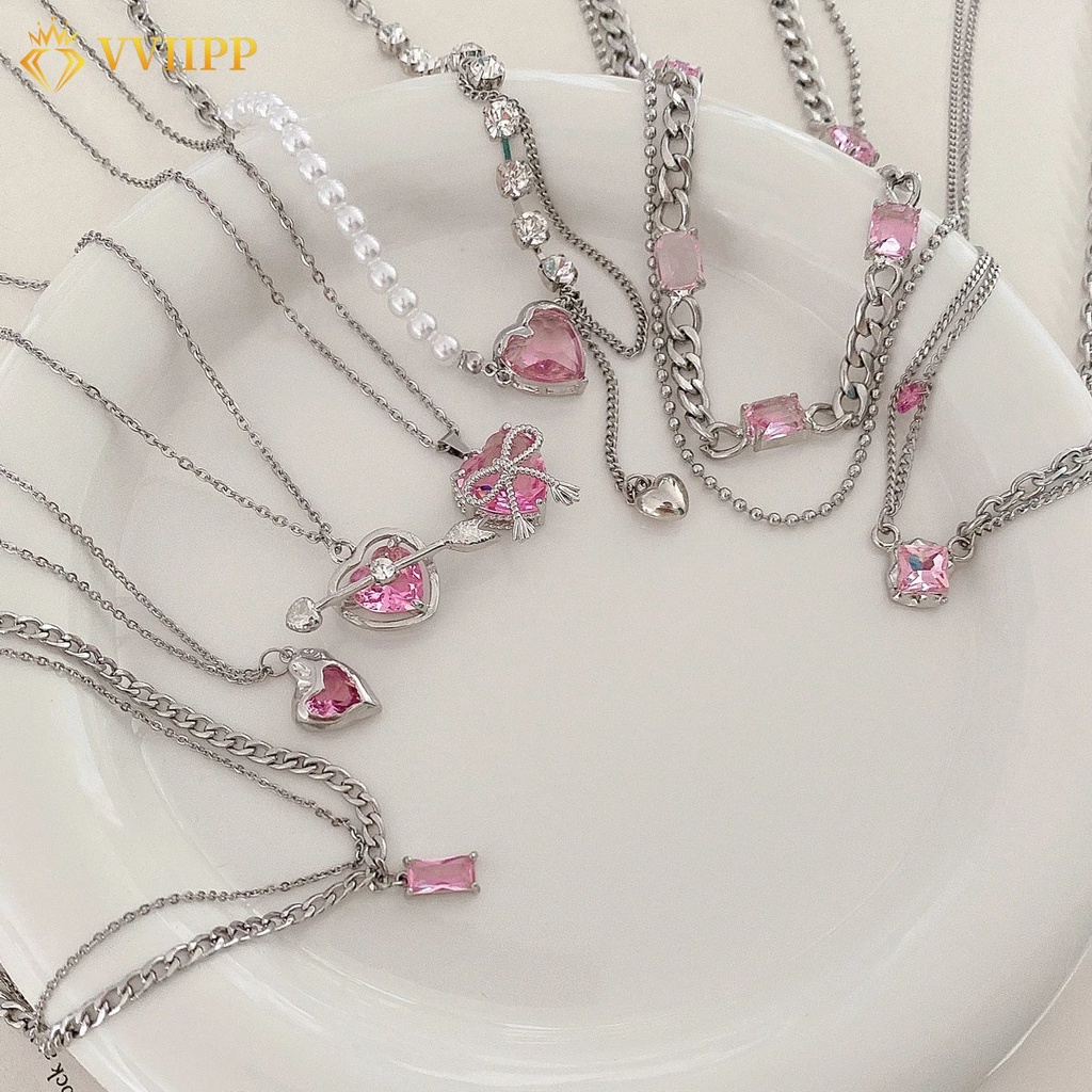 Kalung Liontin Cupid Kristal Pink Manis Berongga Jantung Salib Rantai Perak Choker Untuk Aksesoris Perhiasan Wanita