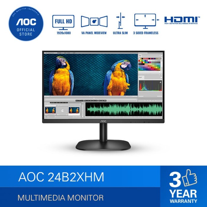 Monitor LED AOC 24B3HM 24&quot; VA 1080p 75Hz VGA HDMI VESA