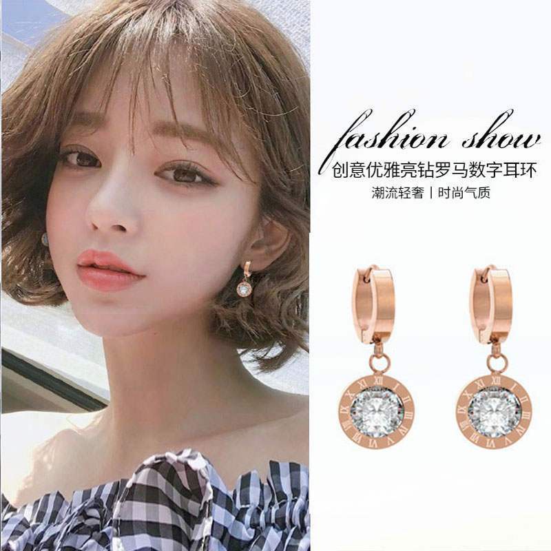 Anting Hoop Dengan Berlian Gaya Roman | Anting Rumbai Aksen Berlian | Anting Bahan Titanium Steel 18K Warna Rose Gold | Anting Bahan Stainless Steel