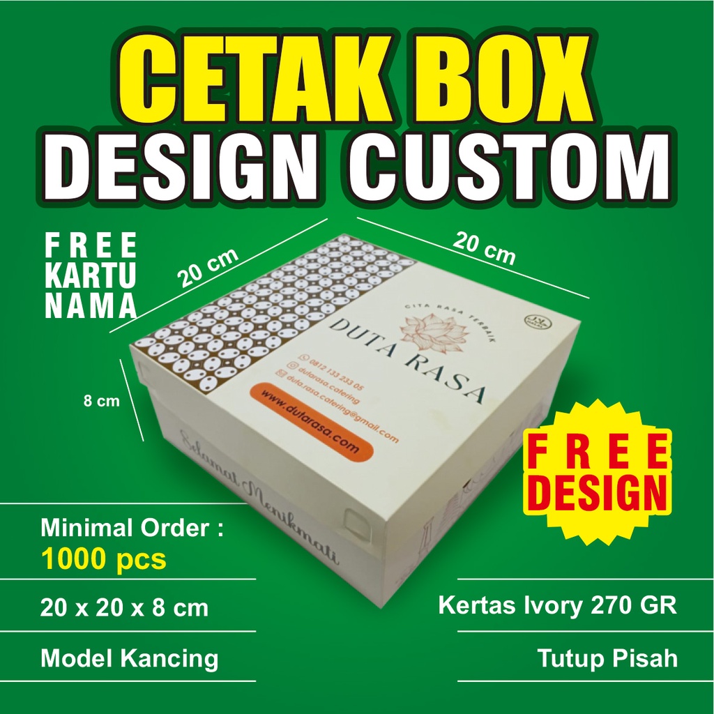 Cetak Dus Nasi 20 x 20 x 8 cm (Tutup Misah), Kotak Nasi, Box Nasi, Kemasan Custom, Tebal Kertas 270 
