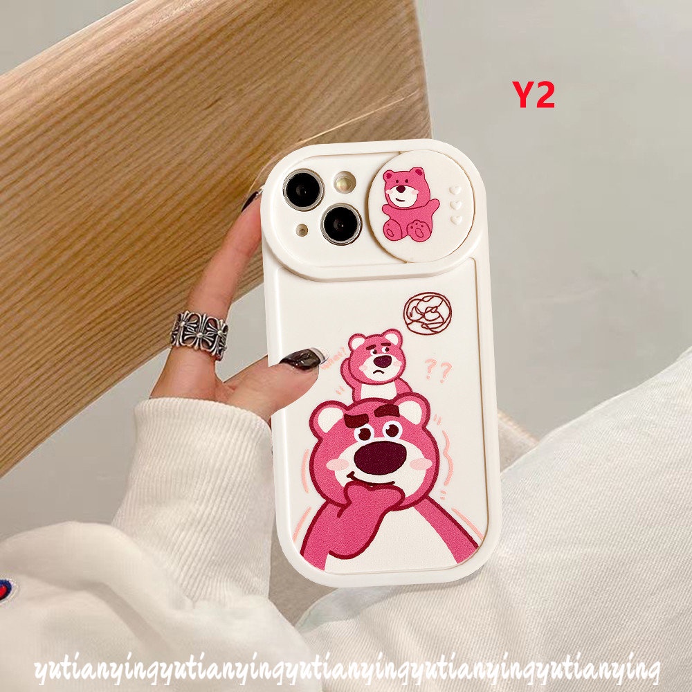 IPHONE Couple Case Kompatibel Untuk Iphone11 13 12 Pro MAX 7plus 7 8 Plus XR X XS MAX Kartun Manyo Strawberry Bear Winnie the Pooh Lembut TPU Silicon Pull Push Window Penutup Pelindung Kamera