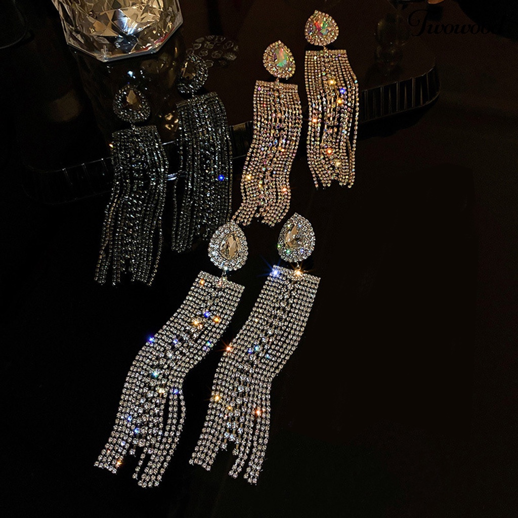 Twowood 1pasang Anting Rumbai Oversize Berlebihan Geometris Eropa Dan Amerika Temperamen Berdandan Ornamen Tetesan Air Panjang Rumbai Kristal Imitasi Anting Perhiasan Fashion