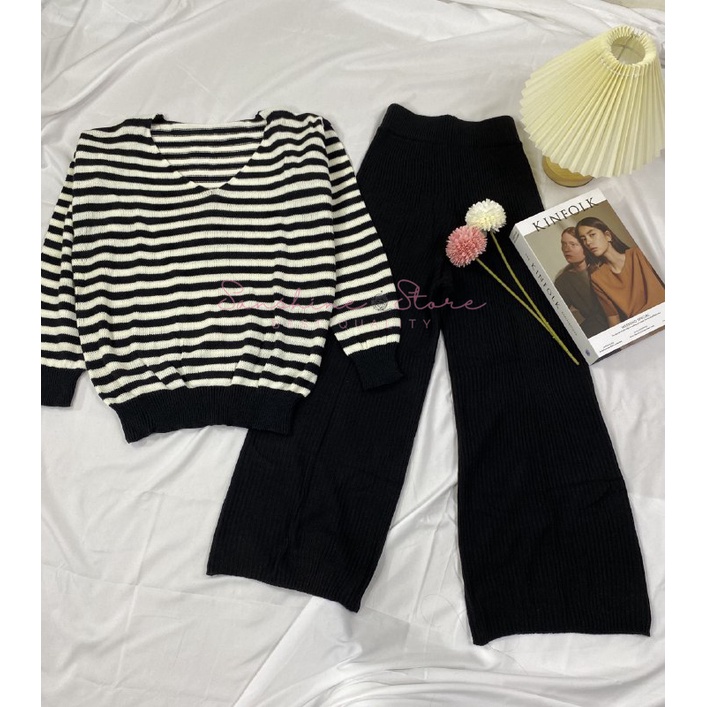 One Set Setelan Wanita Rok Dan Kulot Cardigan Sweater Rajut Warna Hitam