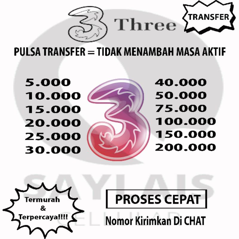 Pulsa Tri transfer 50k - 200k
