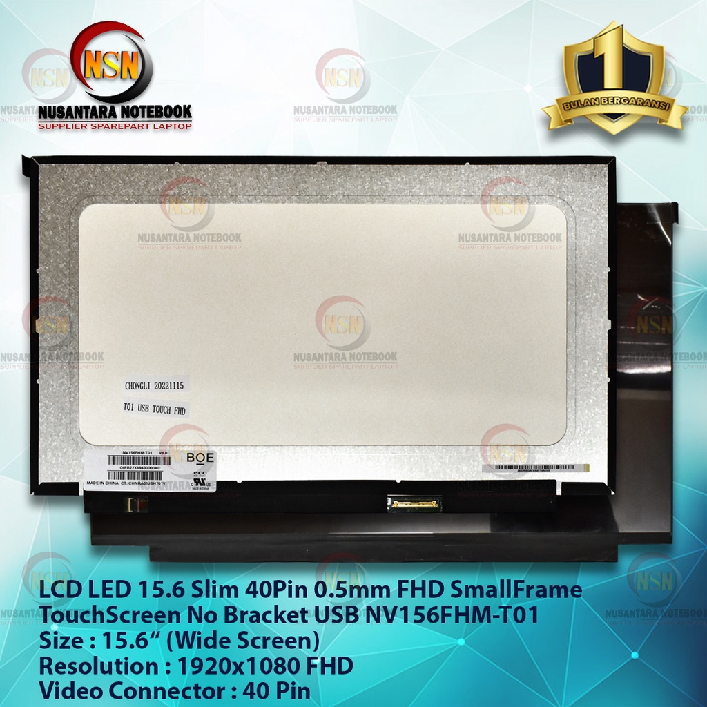 LCD LED 15.6 Slim 40Pin 0.5mm Full HD Small Frame IPS No Bracket TouchScreen NV156FHM-T01