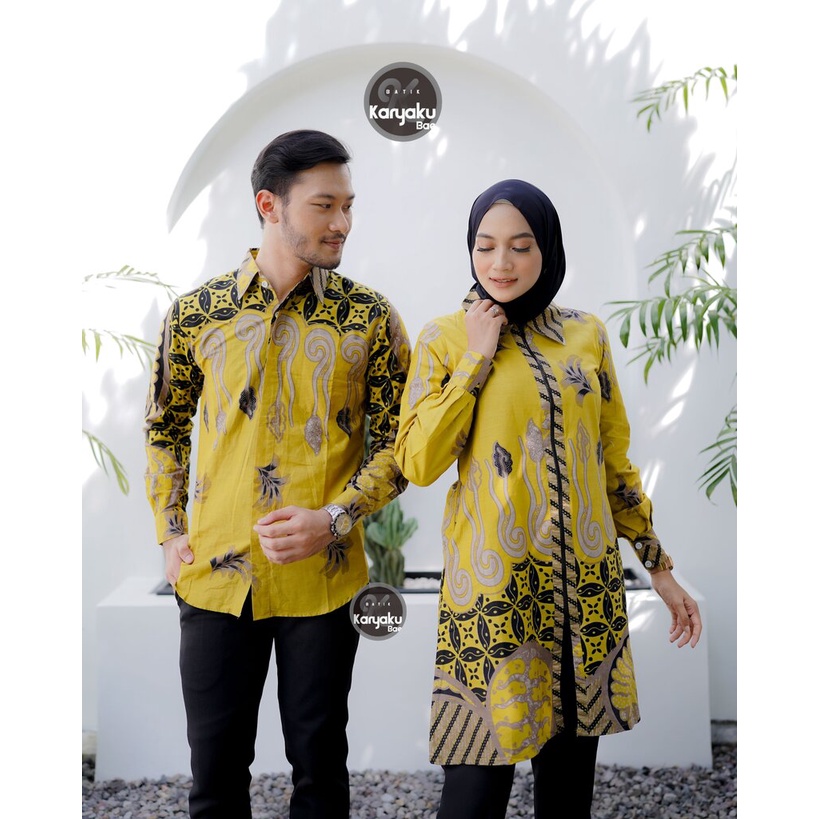 BATIK COUPLE TUNIK ZIPPER RESLETING KEMEJA PANJANG LEMON GREEN KARYAKU BAE