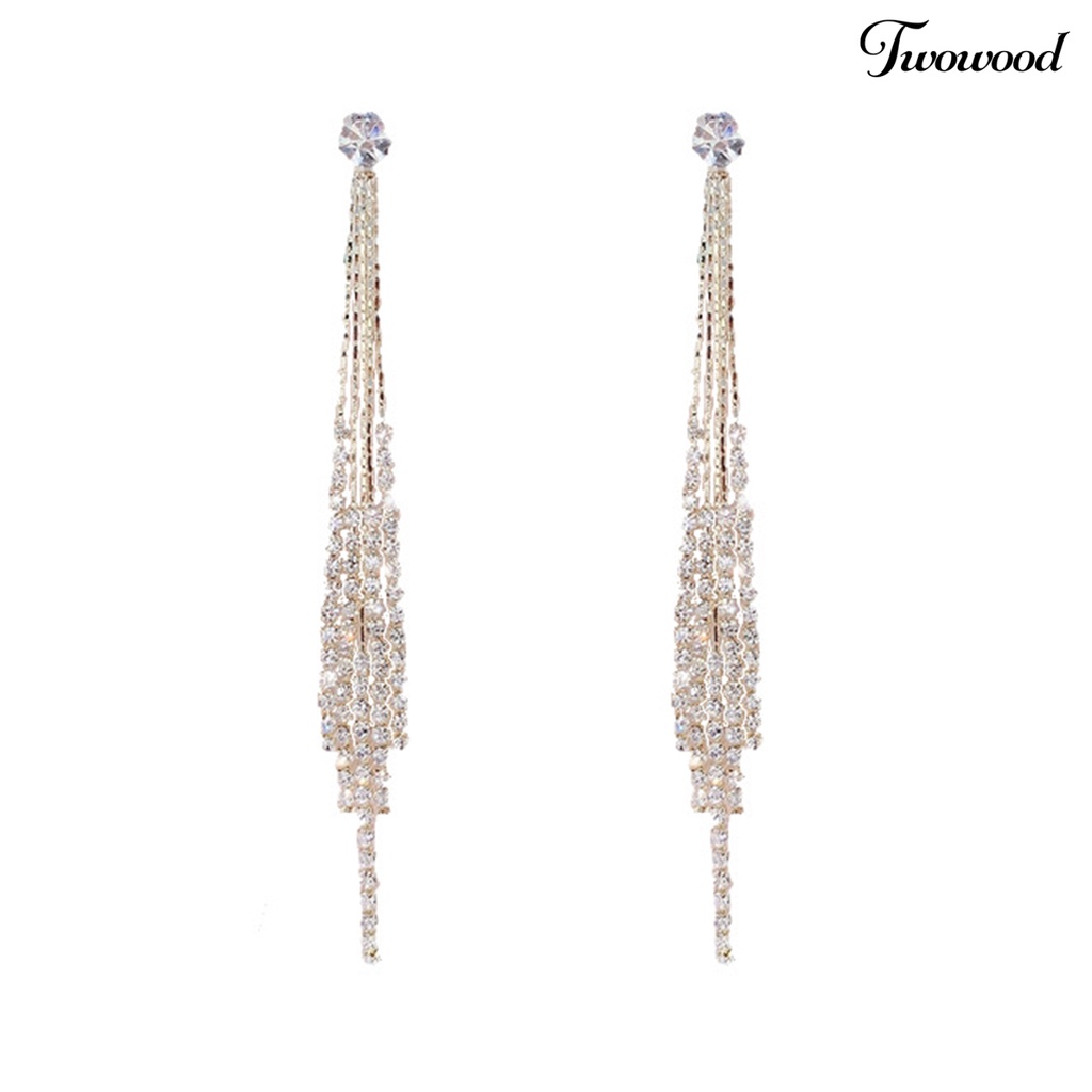 Twowood 1pasang Anting Stud Dainty Elegan Temperamen Mewah Berlian Imitasi Bertatahkan Jumbai Linear Earrings Perhiasan Fashion