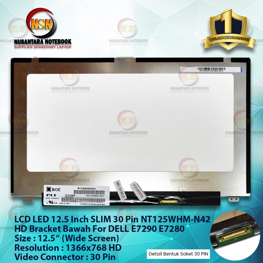 LCD LED 12.5 Slim 30Pin NT125WHM-N42 HD Bracket Bawah DELL E7290 E7280