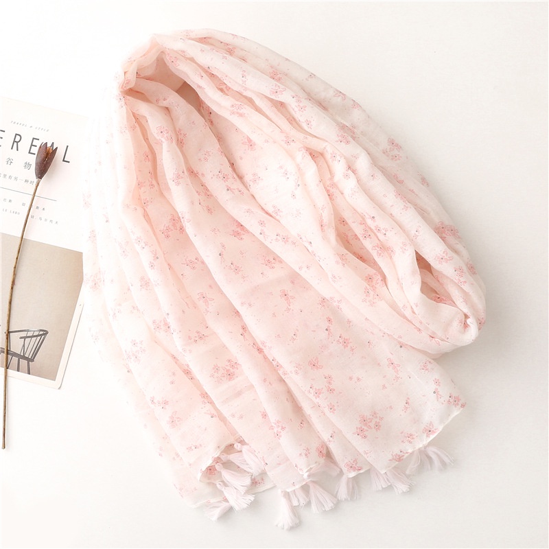 ITSFRIDAY FLOY Scarf - Premium Pashmina Shawl Selendang Syal Pasmina Hijab Import Motif Small Flower Baby Pink Tassel