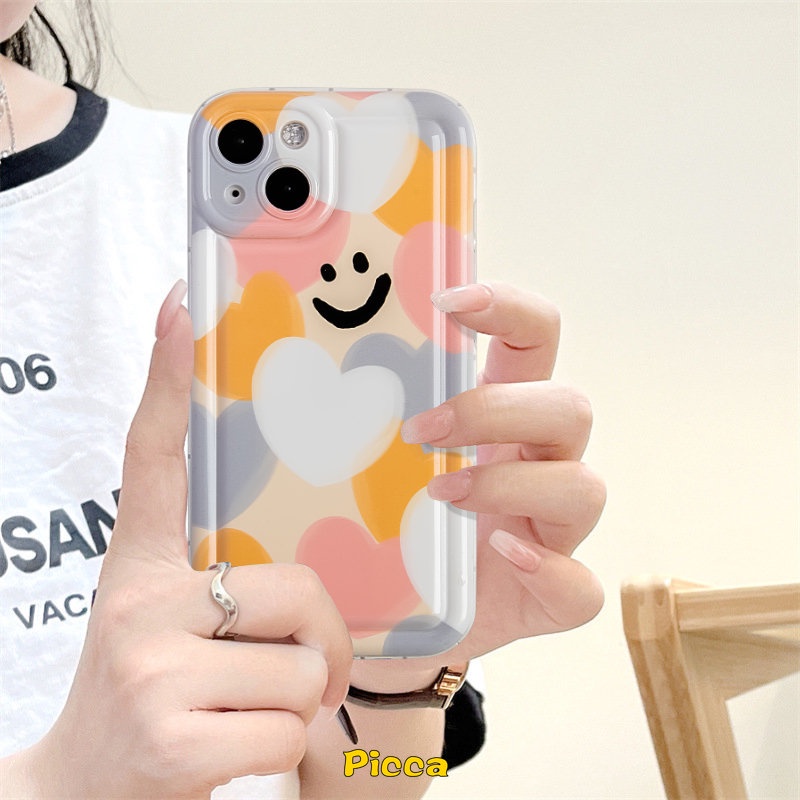 IPHONE Kartun Lucu Smiley Case Kompatibel Untuk Iphone14 11 13 12 Pro MAX XR 6 6S 7 8 Plus X XS MAX Warna-Warni Cinta Hati Lembut TPU Shockproof Airbag Pelindung Kamera Silicon Back Cover